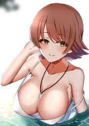 Rule 34 | 1girl, absurdres, bare shoulders, between breasts, blush, breasts, brown hair, cleavage, collarbone, commentary request, dress, highres, honda mio, idolmaster, idolmaster cinderella girls, jewelry, large breasts, looking at viewer, mabanna, necklace, partially submerged, short hair, smile, solo, strap slip, water, wet, white dress, yellow eyes