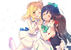 Rule 34 | 3girls, :d, ^ ^, aqua nails, arm around neck, arm around waist, bad id, bad pixiv id, black hair, blonde hair, blue hair, blush, bow, bowtie, bracelet, braid, closed eyes, crown braid, crying, dress, friends, frilled dress, frills, girl sandwich, green bow, green neckwear, group hug, hair bow, hair rings, hand on another&#039;s head, happy tears, holding hands, hug, idol, interlocked fingers, jewelry, komachi pochi, kurosawa dia, long hair, looking at another, love live!, love live! school idol festival, love live! sunshine!!, matsuura kanan, multiple girls, nail polish, neck ribbon, ohara mari, one eye closed, open mouth, pink footwear, ponytail, purple nails, red bow, red neckwear, ribbon, sailor dress, sandwiched, sash, scrunchie, shoes, simple background, sleeveless, sleeveless dress, smile, sparkle, tears, thighhighs, white background, white legwear, wrist scrunchie