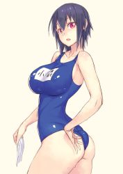 Rule 34 | 10s, 1girl, :o, adjusting clothes, adjusting swimsuit, ass, bare shoulders, beige background, black hair, breasts, contrapposto, cowboy shot, female focus, from side, holding, huge breasts, komori-san wa kotowarenai!, komori shuri, looking at viewer, one-piece swimsuit, open mouth, red eyes, school swimsuit, short hair, simple background, solo, standing, swimsuit, twisted torso, unworn swim cap, wet, wet hair, white background, yellow background, yuuji (and)