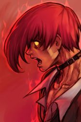 Rule 34 | 1boy, choker, hair over one eye, hungry clicker, male focus, open mouth, red hair, short hair, simple background, snk, solo, the king of fighters, yagami iori, yellow eyes