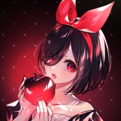 Rule 34 | 1girl, :o, apple, black background, black hair, blush, collarbone, copyright request, ears visible through hair, eyes visible through hair, fingernails, food, fruit, gradient background, hair ribbon, hairband, highres, holding, holding food, holding fruit, kitazume kumie, long fingernails, looking at viewer, nail polish, open mouth, red background, red eyes, red hairband, red nails, red ribbon, ribbon, solo, upper body