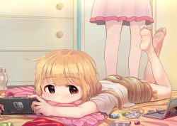 Rule 34 | 10s, 2girls, ass, barefoot, blonde hair, blouse, blush, candy, cellphone, covered mouth, feet, food, futaba anzu, highres, idolmaster, idolmaster cinderella girls, indoors, kamille (vcx68), long hair, looking at viewer, lying, multiple girls, nail polish, nintendo, nintendo switch, on stomach, phone, red eyes, shirt, shorts, smartphone, soles, solo focus, standing, striped clothes, striped shorts, toes, twintails, white shirt, wide face, wrapped candy, yellow nails