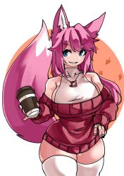Rule 34 | 1girl, animal ears, autumn leaves, bare shoulders, blue eyes, breasts, character request, coffee cup, copyright request, cup, curvy, disposable cup, dress, fox ears, fox tail, grin, hand on own hip, highres, jewelry, large breasts, leotard, leotard under clothes, long hair, musical note, nail polish, off-shoulder sweater, off shoulder, pendant, pink hair, pink nails, pink tail, pinky out, sideboob, smile, solo, sweater, sweater dress, tail, thick thighs, thighhighs, thighs, white leotard, white thighhighs, zanamaoria, zettai ryouiki