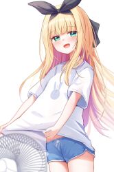 Rule 34 | 1girl, :d, baram, black ribbon, blonde hair, blue shorts, commentary request, electric fan, fanning self, green eyes, hair ribbon, long hair, looking at viewer, mononobe alice, multicolored hair, nijisanji, open mouth, purple hair, ribbon, shirt, short shorts, short sleeves, shorts, simple background, smile, solo, two-tone hair, very long hair, virtual youtuber, white background, white shirt
