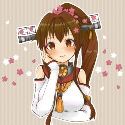 Rule 34 | 1girl, bad id, bad twitter id, blush, breasts, brown background, brown eyes, brown hair, cocoperino, cropped torso, detached sleeves, female focus, flower, hair flower, hair ornament, headgear, kantai collection, large breasts, long hair, matching hair/eyes, petals, ponytail, sidelocks, smile, solo, striped, striped background, upper body, yamato (kancolle), z flag