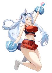 Rule 34 | 1girl, absurdres, animal ears, arm up, bare arms, bare shoulders, blue eyes, breasts, cheerleader, crop top, crop top overhang, d-pad, d-pad hair ornament, fox ears, fox girl, fox tail, hair ornament, hairclip, highres, holding, holding pom poms, indie virtual youtuber, large breasts, legs up, long hair, looking at viewer, midriff, miniskirt, mizuki (vtuber), navel, one eye closed, open mouth, oukafafafa, pleated skirt, pom pom (cheerleading), pom poms, red shirt, red skirt, shirt, shoes, simple background, skirt, sleeveless, sleeveless shirt, smile, sneakers, socks, solo, stomach, tail, thighs, twintails, very long hair, virtual youtuber, white background, white footwear, white hair, white socks