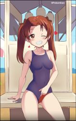 Rule 34 | 1girl, artist request, beach, bikini, bikini under clothes, blue one-piece swimsuit, brown eyes, brown hair, clothes lift, curvy, day, girls und panzer, gloves, heart, highres, kadotani anzu, looking at viewer, naughty face, navel, ocean, one-piece swimsuit, one eye closed, red bikini, red hair, ribbon, swimsuit, swimsuit lift, thighs, thong bikini, wading, white ribbon, wide hips, wink