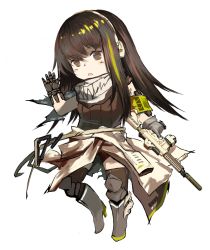 Rule 34 | 1girl, arm up, assault rifle, black scarf, blush, boots, brown eyes, brown hair, brown sweater vest, chibi, clothes around waist, commentary, english commentary, full body, girls&#039; frontline, gloves, gorilla fei, grey footwear, grey gloves, griffin &amp; kryuger, gun, holding, holding gun, holding weapon, jacket, jacket around waist, long hair, looking at viewer, m4 carbine, m4a1 (girls&#039; frontline), multicolored hair, open mouth, print scarf, rifle, scarf, solo, streaked hair, sweater vest, thighhighs, weapon, white background, white headwear