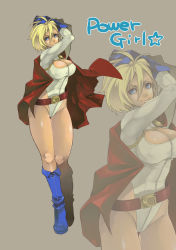 Rule 34 | 1girl, absurdres, alien, animification, belt, belt skirt, blonde hair, blue eyes, blue footwear, blue gloves, boots, breasts, cape, character name, chimurin0704, cleavage cutout, clothing cutout, dc comics, gloves, highleg, highleg leotard, highres, knee boots, kryptonian, large breasts, legs, leotard, power girl, red belt, red cape, shoes, short hair, solo, superman (series), thighs, zoom layer