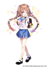 Rule 34 | 1girl, 2015, amy (gothic wa mahou otome), backpack, bad id, bad pixiv id, bag, black footwear, blue skirt, blush, bobby socks, bookbag, braid, brown hair, buckle, buttons, collarbone, company name, double-breasted, emia (castilla), floating hair, flower, full body, gothic wa mahou otome, hair between eyes, hair bobbles, hair ornament, hands up, highres, holding strap, long hair, looking at viewer, looking to the side, low twintails, mary janes, neck ribbon, official art, one eye closed, open mouth, pink eyes, pink ribbon, pleated skirt, ribbon, school bag, school uniform, serafuku, shoes, short sleeves, skirt, socks, solo, standing, stuffed animal, stuffed toy, sunflower, tareme, tearing up, teddy bear, twin braids, twintails, very long hair, walking, white socks, wrist flower, yawning, yellow flower