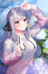 Rule 34 | 1girl, arm up, blurry, blurry foreground, breasts, drawstring, grey hair, highres, holding, holding umbrella, jacket, long hair, long sleeves, medium breasts, original, over shoulder, parted lips, primamiya, rain, red eyes, solo, umbrella, upper body