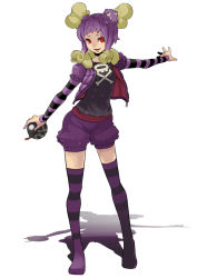 Rule 34 | 1girl, bomb, creatures (company), explosive, female focus, full body, game freak, gen 1 pokemon, maka62, nintendo, personification, pokemon, purple hair, red eyes, shadow, shorts, simple background, solo, standing, striped clothes, striped thighhighs, thighhighs, weezing, white background