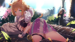 Rule 34 | 1girl, absurdres, animal ears, ass, bandeau, bell, breasts, brown hair, character request, cleavage, day, dodo (bird), green eyes, highres, lying, namako (namacotan), on stomach, outdoors, see-through, short hair, skirt, solo, tail, virtual youtuber, wrist cuffs