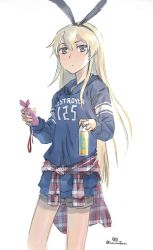 Rule 34 | 10s, 1girl, bad id, bad twitter id, blonde hair, bow, brown eyes, casual, cellphone, clothes around waist, contemporary, hair bow, hairband, highres, hood, hoodie, jacket, jacket around waist, kantai collection, long hair, phone, plaid, shimakaze (kancolle), shirt, shorts, simple background, smartphone, solo, suzumaru, tied shirt, twitter username, white background