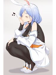 Rule 34 | 1girl, animal ear fluff, animal ears, apron, bare shoulders, black bodysuit, blue hair, blush, bodysuit, breasts, cleavage, closed eyes, closed mouth, detached sleeves, dress, extra ears, full body, hand on own face, highres, hololive, large breasts, long hair, long sleeves, mature female, musical note, n4g1 n4m1, pekomama, rabbit ears, rabbit girl, rabbit tail, short eyebrows, sitting, slippers, smile, solo, squatting, tail, thick eyebrows, virtual youtuber