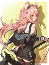 Rule 34 | 1girl, animal ear fluff, animal ears, arknights, barcode, barcode tattoo, bare shoulders, black footwear, black jacket, black thighhighs, boots, border, bright pupils, brown eyes, clothing cutout, commentary request, dagger, from behind, gravel (arknights), grin, high heels, holding, holding dagger, holding knife, holding weapon, jacket, knife, long hair, long sleeves, looking back, pink hair, polka dot, polka dot background, prairie dog ears, prairie dog tail, shadow, shironekoban, shirt, shoulder tattoo, sleeveless, sleeveless shirt, smile, solo, standing, standing on one leg, tail, tail through clothes, tattoo, thighhighs, very long hair, weapon, white border, white pupils, white shirt, yellow background