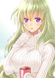 Rule 34 | 1girl, blonde hair, breasts, code geass, code geass: boukoku no akito, coffee, cup, hair between eyes, holding, holding cup, komaichi, large breasts, leila malcal, long hair, looking at viewer, nail polish, parted lips, purple eyes, red nails, ribbed sweater, solo, steam, sweater, upper body, very long hair, white sweater