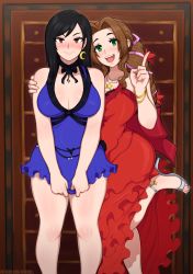 Rule 34 | 2girls, aerith gainsborough, afrobull, arm around shoulder, bare shoulders, black hair, blush, bow, bowtie, breasts, brown hair, cleavage, crescent, crescent earrings, curvy, dress, dress tug, earrings, final fantasy, final fantasy vii, final fantasy vii remake, green eyes, hair ribbon, high heels, highres, jewelry, large breasts, leg up, long hair, looking at viewer, multiple girls, necklace, red eyes, ribbon, sleeveless, smile, square enix, star (symbol), star necklace, tifa lockhart, tifa lockhart (refined dress), wall market