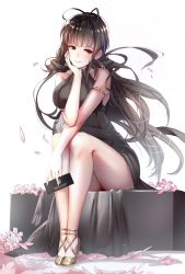 Rule 34 | 1girl, absurdres, ahoge, arm ribbon, armlet, ass, bare shoulders, black dress, blunt bangs, blush, breasts, brown hair, closed mouth, cup, dress, dsr-50 (girls&#039; frontline), dsr-50 (highest bid) (girls&#039; frontline), earrings, feathers, floating hair, flower, full body, girls&#039; frontline, gold footwear, hair over shoulder, half-closed eyes, head on hand, head rest, high heels, highres, holding, jewelry, large breasts, leaning forward, light particles, long hair, looking at viewer, official alternate costume, petals, red eyes, ribbon, sidelocks, sitting, skindentation, smile, solo, thighs, yusan