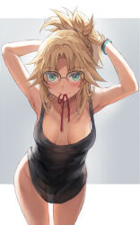 Rule 34 | 1girl, armpits, arms behind head, arms up, bare shoulders, black tank top, blonde hair, blush, breasts, collarbone, fate/apocrypha, fate (series), glasses, green eyes, highres, long hair, looking at viewer, mordred (fate), mordred (fate/apocrypha), mouth hold, parted bangs, ponytail, sidelocks, small breasts, solo, tank top, thighs, tonee, tying hair