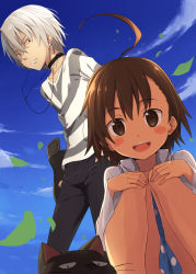 Rule 34 | 1boy, 1girl, :d, accelerator (toaru majutsu no index), ahoge, blush stickers, brown eyes, brown hair, cat, child, cloud, day, gradient background, grey hair, hands on own knees, holding, kinta (distortion), last order (toaru majutsu no index), looking at viewer, open mouth, outdoors, pants, parted lips, red eyes, shirt, short hair, sky, smile, striped clothes, striped shirt, toaru majutsu no index