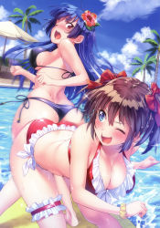 Rule 34 | 2girls, :d, ;o, absurdres, ass, ass-to-ass, bent over, bikini, black bikini, blue hair, blue sky, blush, bow, breasts, brown hair, cleavage, day, flower, frill trim, frilled bikini, frills, hair bow, hair flower, hair ornament, highres, large breasts, bridal garter, multiple girls, one eye closed, open mouth, original, outdoors, red bikini, scan, scrunchie, short twintails, side-tie bikini bottom, sideboob, sky, smile, sparkle, swimsuit, tenkuu nozora, twintails, wet, wince, wrist scrunchie
