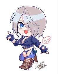 Rule 34 | 1girl, angel (kof), backless pants, blue eyes, boots, bra, breasts, chaps, chibi, cleavage, cowboy boots, crop top, cropped jacket, fingerless gloves, gloves, hair over one eye, highres, jacket, large breasts, leather, leather jacket, looking at viewer, midriff, navel, panties, pants, short hair, smile, snk, solo, strapless, strapless bra, sudachi0315, the king of fighters, the king of fighters xiv, underwear, white hair