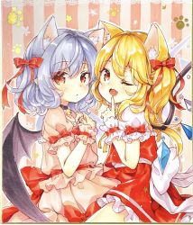 Rule 34 | 2girls, animal ear fluff, animal ears, back bow, bat wings, bell, black choker, blonde hair, blue hair, bow, cat day, cat ears, choker, commentary request, crystal, fang, flandre scarlet, hair bow, hands up, highres, kemonomimi mode, long hair, looking at viewer, mimi (mimi puru), multiple girls, neck bell, no headwear, one eye closed, one side up, open mouth, pink background, pink shirt, pink skirt, pointy ears, red bow, red eyes, red skirt, red vest, remilia scarlet, shikishi, shirt, short sleeves, siblings, sisters, skin fang, skirt, smile, striped, striped background, touhou, traditional media, upper body, vest, white bow, white shirt, wings, wrist cuffs