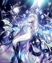 Rule 34 | 1girl, aqua eyes, aqua hair, bare shoulders, black gloves, bodysuit, breasts, cosmetics, covered navel, diamond master (shadowverse flame), floating, gem, gloves, highres, jewelry, lee hyeseung, light rays, lips, lipstick, long hair, looking at viewer, makeup, medium breasts, official art, pink lips, shadowverse, shadowverse flame, skin tight, smile, solo, staff, white bodysuit