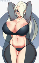 Rule 34 | 1girl, arms behind head, artist name, black bra, black panties, blue eyes, bra, breasts, cleavage, collarbone, creatures (company), curvy, earrings, foxicube, game freak, hair over one eye, huge breasts, jewelry, lingerie, lips, long hair, mature female, melony (pokemon), navel, nintendo, panties, parted lips, pokemon, pokemon swsh, solo, stomach, thick thighs, thighs, underwear, wide hips