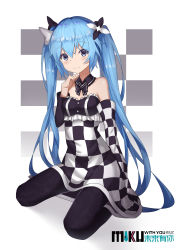 Rule 34 | 1girl, 2017, absurdres, bare shoulders, black pantyhose, blue eyes, blue hair, character name, checkered clothes, checkered dress, collar, dress, hatsune miku, highres, long hair, looking at viewer, nagisa (pixiv17634981), pantyhose, sitting, smile, solo, twintails, very long hair, vocaloid