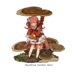 Rule 34 | 1girl, bare legs, bell, blush, bow, closed mouth, detached sleeves, dress, flower, grass, hair flower, hair ornament, heterochromia, holding, holding umbrella, layered sleeves, long hair, long sleeves, looking ahead, mushroom, mushroom umbrella, original, red bow, red dress, red footwear, red hair, scientific name, shoes, starshadowmagician, umbrella, very long hair, white background, yellow flower