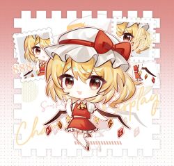 Rule 34 | 1girl, ascot, bat wings, blonde hair, bow, chibi, commentary request, crystal, flandre scarlet, frilled skirt, frills, full body, hat, hat bow, hat ribbon, highres, looking at viewer, mob cap, multicolored wings, one side up, postage stamp, puffy short sleeves, puffy sleeves, red bow, red eyes, red skirt, red vest, ribbon, sample watermark, short hair, short sleeves, side ponytail, skirt, skirt set, solo, touhou, vest, watermark, white hat, wings, xingguang115, yellow ascot