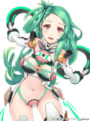 Rule 34 | 1girl, :d, blush, breasts, cleavage, copyright name, female focus, green hair, hair ornament, hairclip, holding, junketsu duelion, kanzaki mahiru, long hair, looking at viewer, mana (remana), mecha musume, navel, official art, open mouth, red eyes, simple background, smile, solo, text focus, translated, white background