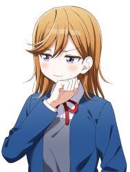 Rule 34 | 1girl, blue jacket, blush, closed mouth, collared shirt, dress, grey dress, highres, jacket, long sleeves, looking to the side, love live!, love live! superstar!!, medium hair, neck ribbon, open clothes, open jacket, orange hair, purple eyes, red ribbon, ribbon, school uniform, shibuya kanon, shirt, solo, standing, surufuji, sweat, upper body, v-shaped eyebrows, wavy mouth, white background, white shirt, winter uniform, yuigaoka school uniform