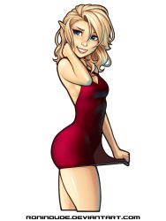 Rule 34 | 1girl, bare shoulders, blonde hair, blue eyes, breasts, commentary, covered erect nipples, criss-cross halter, dress, dress tug, elf, grin, halterneck, highres, lips, long hair, nose, original, pointy ears, red dress, ronindude, sassy (ronindude), see-through, short dress, skindentation, small breasts, smile, solo, watermark, web address