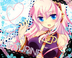 Rule 34 | 1girl, :d, blue eyes, breasts, character name, headphones, ichiyou moka, large breasts, long hair, looking at viewer, megurine luka, open mouth, pink hair, smile, solo, vocaloid