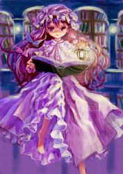 Rule 34 | 1girl, absurdres, ama-tou, barefoot, book, bookshelf, female focus, hat, highres, lamp, lantern, library, long hair, open book, patchouli knowledge, purple eyes, purple hair, reading, robe, solo, touhou, voile