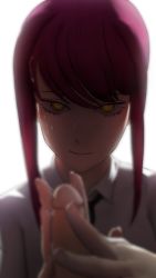 Rule 34 | 1girl, chainsaw man, cum, cum on body, cum on hair, cum on upper body, formal, greatm8, handjob, highres, looking at viewer, makima (chainsaw man), penis, red hair, short hair, smile, suit, yellow eyes