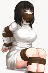 Rule 34 | 1girl, arms behind back, bdsm, black hair, bondage, bound, bound arms, bound legs, breasts, dress, eyebrows hidden by hair, feet out of frame, gag, gagged, green eyes, highres, hoojiro (found1093), improvised gag, large breasts, long hair, long sleeves, looking at viewer, one eye closed, original, panties, ribbed sweater, simple background, sitting, solo, sweater, sweater dress, tape, tape bondage, tape gag, turtleneck, turtleneck sweater, underwear, white background, white panties, white sweater