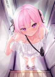 Rule 34 | 1girl, arm up, bad id, bad pixiv id, bag, bush, door, dress, foreshortening, from above, twirling hair, hallway, highres, indoors, long hair, looking at viewer, looking up, nukuiru susu, original, pink eyes, pink hair, ribbon, sandals, smile, solo, sundress, two side up, white dress