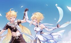 Rule 34 | 1boy, 1girl, aether (genshin impact), ahoge, arm armor, arm up, bare shoulders, black gloves, blonde hair, blue sky, blush, braid, breasts, brother and sister, brown gloves, brown pants, brown shirt, closed eyes, cloud, day, detached sleeves, dress, feather hair ornament, feathers, fingerless gloves, flower, flying, genshin impact, gloves, gradient sky, hair between eyes, hair flower, hair ornament, hair ribbon, hand up, happy, highres, holding, holding hands, long hair, long sleeves, lumine (genshin impact), medium breasts, natsukko 0606, navel, open mouth, outdoors, pants, ribbon, scarf, shirt, short hair, short hair with long locks, short sleeves, siblings, sidelocks, sky, smile, star (symbol), tongue, white dress, white flower, white ribbon, white scarf