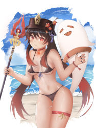 Rule 34 | 1girl, absurdres, beach, bikini, black bikini, black hair, black nails, breasts, genshin impact, ghost, hat, highres, hu tao (genshin impact), long hair, nail polish, namikare, red eyes, red hair, solo, swimsuit, very long hair