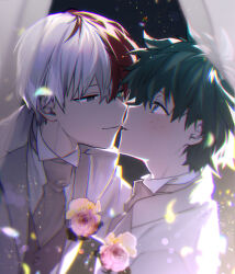 Rule 34 | 2boys, absurdres, aqua eyes, blue eyes, blurry, blush, bokeh, boku no hero academia, boutonniere, burn scar, buttons, chromatic aberration, closed mouth, collared shirt, curtains, depth of field, face-to-face, flower, formal, freckles, from side, green hair, grey eyes, groom, hair between eyes, happy, heterochromia, highres, imminent kiss, jacket, lapels, leaning forward, light, makuro, male focus, midoriya izuku, multicolored hair, multiple boys, narrowed eyes, necktie, notched lapels, parted lips, pink flower, profile, red hair, scar, scar on face, shirt, short hair, sidelighting, sideways mouth, smile, soft focus, split-color hair, straight hair, todoroki shouto, transparent, transparent curtains, tuxedo, two-tone hair, upper body, waistcoat, wedding, white hair, white shirt, wing collar, yaoi