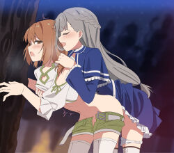 Rule 34 | 2girls, ass, belt, blue dress, blurry, blurry background, blush, brown hair, closed eyes, commentary request, dress, forest, grabbing, grabbing another&#039;s breast, green shorts, grey hair, groping, highres, holding another&#039;s hair, kanne (sousou no frieren), lawine (sousou no frieren), leaning forward, long hair, multiple girls, nature, navel, night, night sky, open belt, open fly, open mouth, outdoors, panties, panties around leg, sex, sex from behind, shirt, short hair, shorts, sky, soha (sirohase), sousou no frieren, star (sky), starry sky, thighhighs, thighs, underwear, white panties, white shirt, white thighhighs, yuri