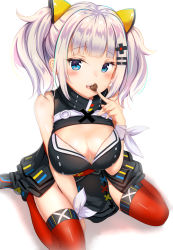 Rule 34 | 1girl, absurdres, bare arms, bare shoulders, black footwear, black shirt, black skirt, blue eyes, breasts, candy, chocolate, chocolate heart, cleavage, cleavage cutout, clothing cutout, d-pad, d-pad hair ornament, fang, food, hair ornament, hairclip, hand up, heart, highres, kaguya luna, large breasts, long hair, looking at viewer, miniskirt, open mouth, pelvic curtain, red thighhighs, ribbon, shadow, shirt, shoes, sidelocks, simple background, sitting, skirt, sleeveless, sleeveless shirt, solo, the moon studio, thighhighs, twintails, virtual youtuber, wariza, white background, white hair, white ribbon, wrist ribbon, yuano, zettai ryouiki
