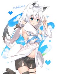 Rule 34 | 1girl, absurdres, ahoge, animal ear fluff, animal ears, belt, belt buckle, black belt, black footwear, black shorts, black thighhighs, blue neckerchief, blue sky, blush, boots, braid, breasts, buckle, character name, cleavage, closed mouth, cloud, commentary request, fox ears, fox girl, fox shadow puppet, fox tail, hair between eyes, hands up, heart, high heel boots, high heels, highres, hololive, long hair, long sleeves, medium breasts, navel, neckerchief, ponytail, shirakami fubuki, shirakami fubuki (1st costume), short shorts, shorts, single thighhigh, sky, smile, solo, t@ke-g, tail, thighhighs, very long hair, virtual youtuber, white background, wide sleeves