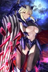 Rule 34 | 1girl, armor, armpits, artoria pendragon (fate), artoria pendragon (lancer alter) (fate), blonde hair, bodysuit, braid, breasts, clothing cutout, cloud, commission, emanon123, fate/grand order, fate (series), french braid, gauntlets, gluteal fold, hair between eyes, hair ornament, highres, holding, holding polearm, holding weapon, large breasts, looking at viewer, navel, night, night sky, outdoors, polearm, revealing clothes, rhongomyniad (fate), skeb commission, skindentation, sky, solo, stomach, underboob, weapon, yellow eyes