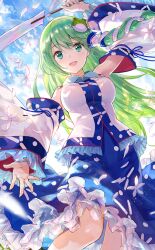 Rule 34 | 1girl, arm up, armpit peek, blue collar, blue ribbon, blue skirt, blue sky, cloud, collar, collared shirt, detached sleeves, eyelashes, falling petals, flower, frilled shirt, frilled skirt, frilled sleeves, frills, frog hair ornament, fuzichoco, gohei, green eyes, hair ornament, holding, holding gohei, kochiya sanae, long hair, long sleeves, looking at viewer, nontraditional miko, official art, open mouth, outstretched hand, petals, reaching, reaching towards viewer, ribbon, shirt, single hair tube, single sidelock, skirt, sky, sleeve ribbon, sleeveless, sleeveless shirt, smile, snake hair ornament, teeth, touhou, touhou cannonball, upper teeth only, white flower, white shirt, white sleeves, wide sleeves