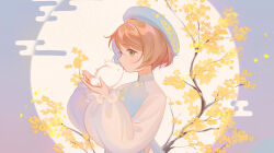 Rule 34 | 1girl, blue headwear, brown hair, chinese clothes, chinese new year, green eyes, koichame, long sleeves, original, puffy long sleeves, puffy sleeves, rabbit, short hair, solo, swept bangs, tree, yellow leaves